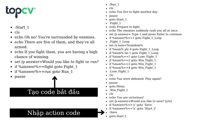 Cách tạo code lập trình game cho phần bắt đầu và action code của game