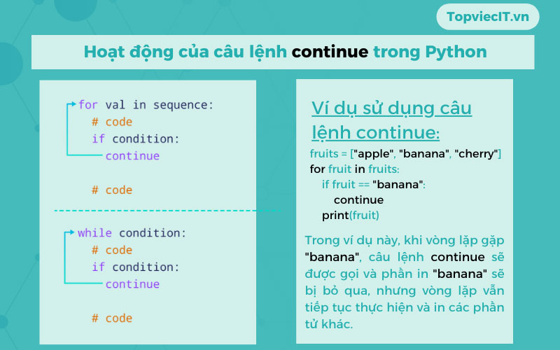 Hoạt động của continue câu lệnh trong vòng lặp for và while