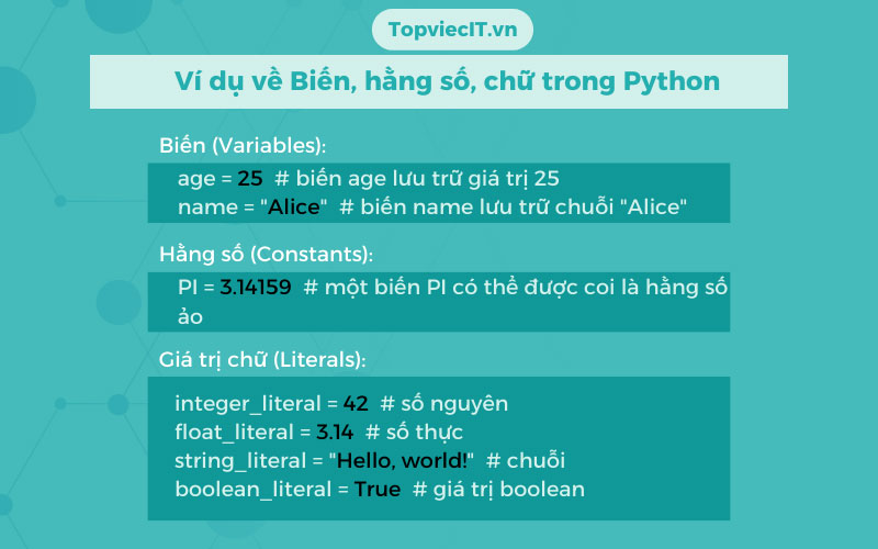 Ví dụ về Biến, hằng số, chữ trong Python